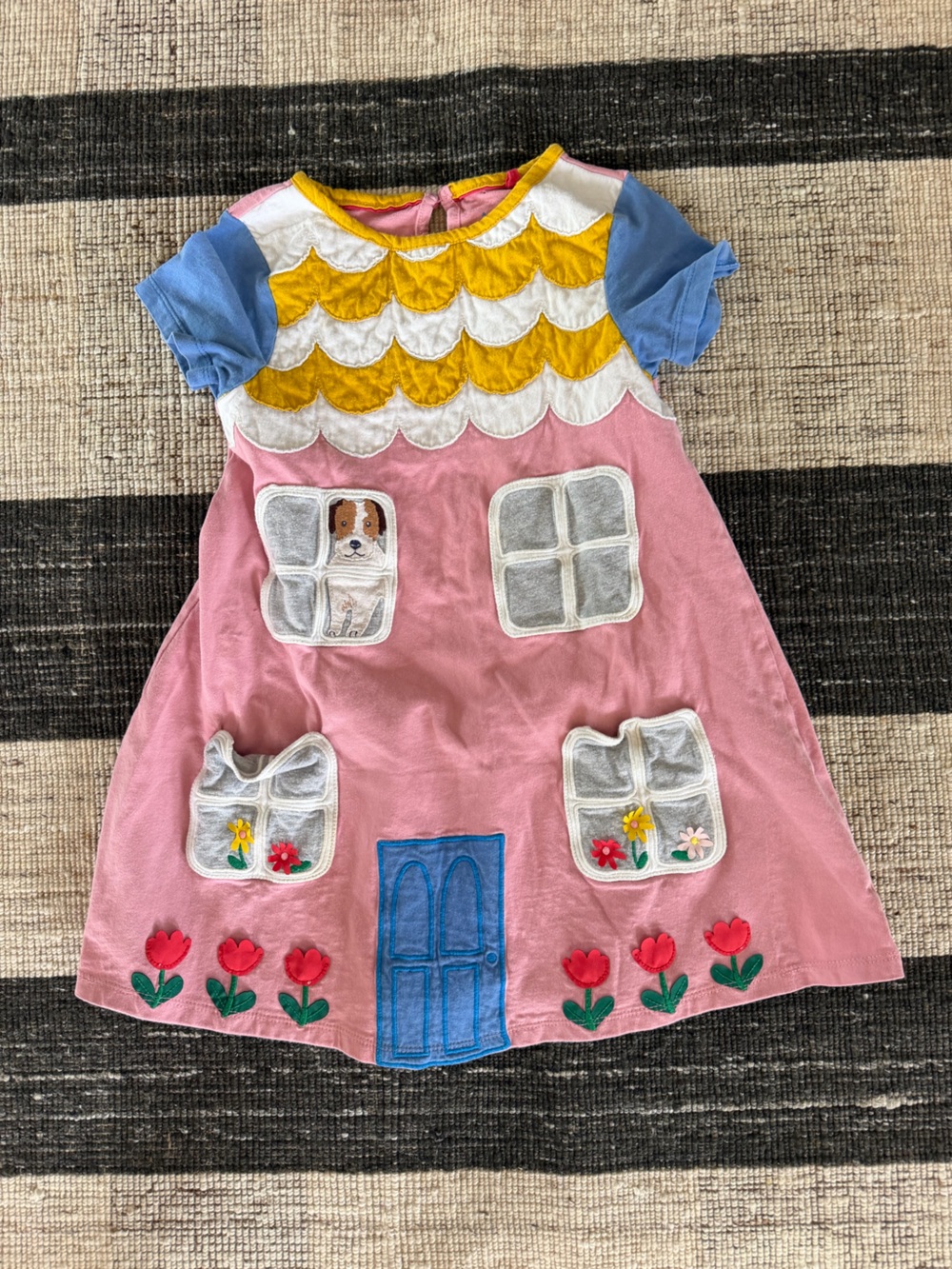 Mini Boden Girls Pink Applique House Dress Dog Flowers Size 4-5Y
